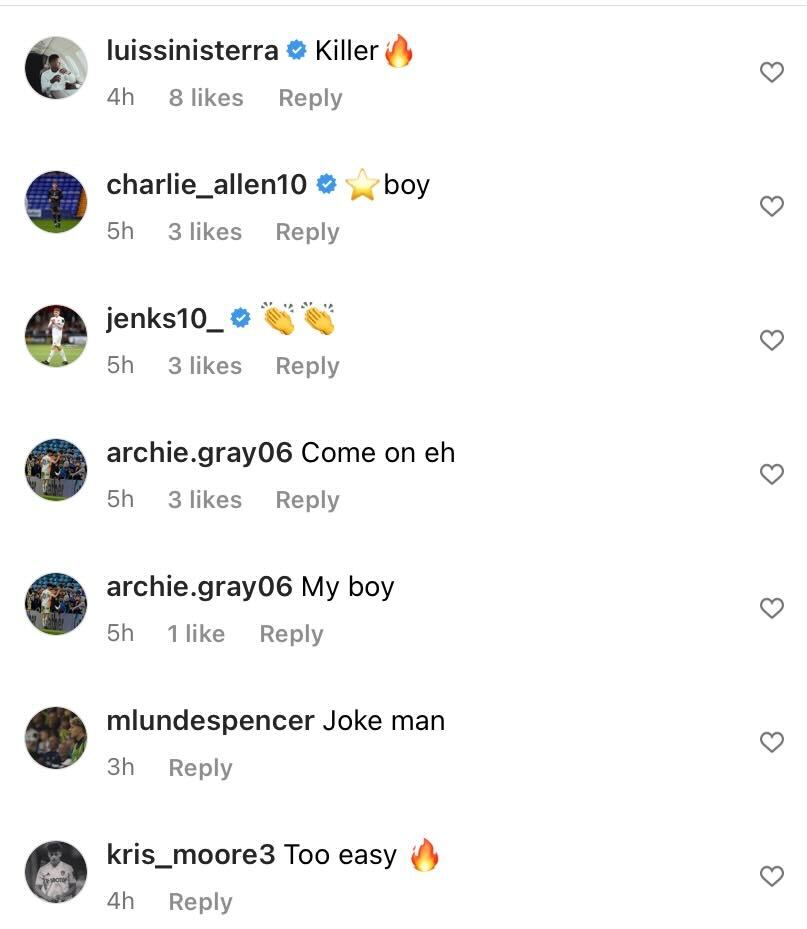 Screenshot of Sinisterra and Leeds players praising Joseph on his Instagram