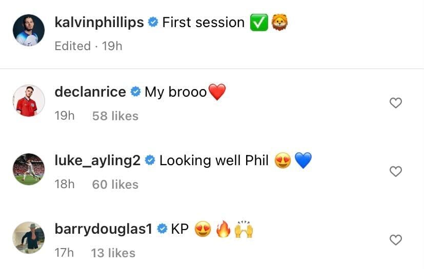Screenshot of Ayling commenting on Phillips's Instagram