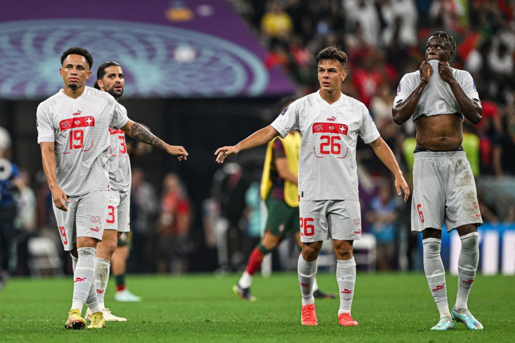 Ardon Jashari and Noah Okafor in action for Switzerland.