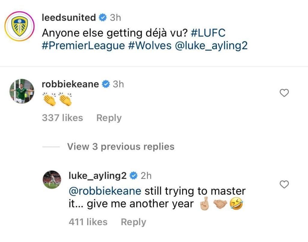 Screenshot of Ayling replying to Keane on Leeds' Instagram post