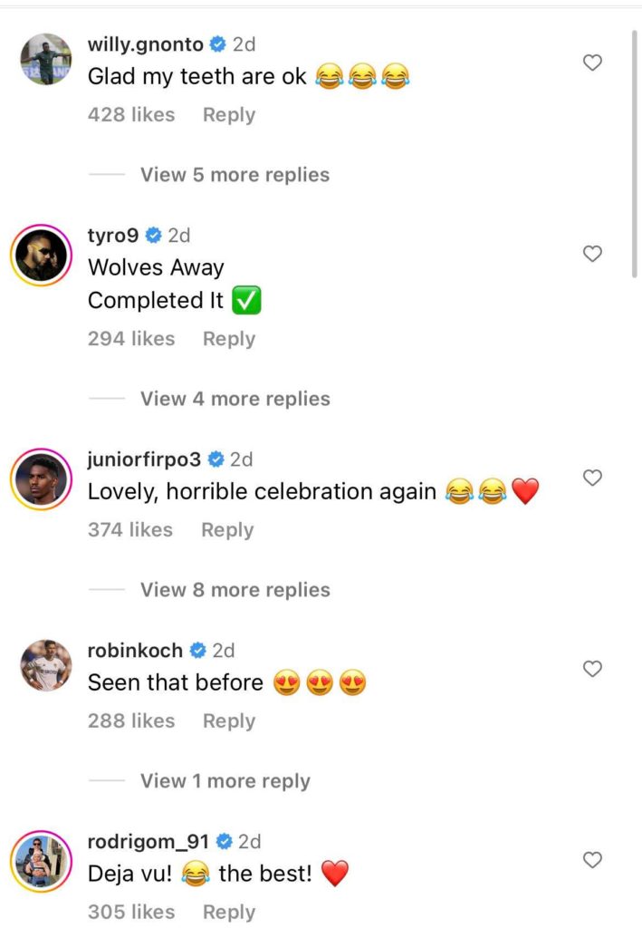 Screenshot of Gnonto, Roberts, Firpo, Koch and Rodrigo commenting on Ayling's Instagram post