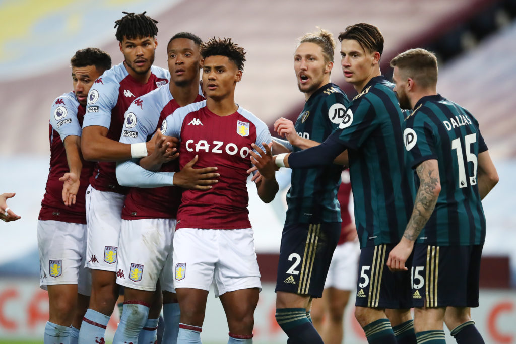 Tyrone Mings prepares for a corner against Leeds.