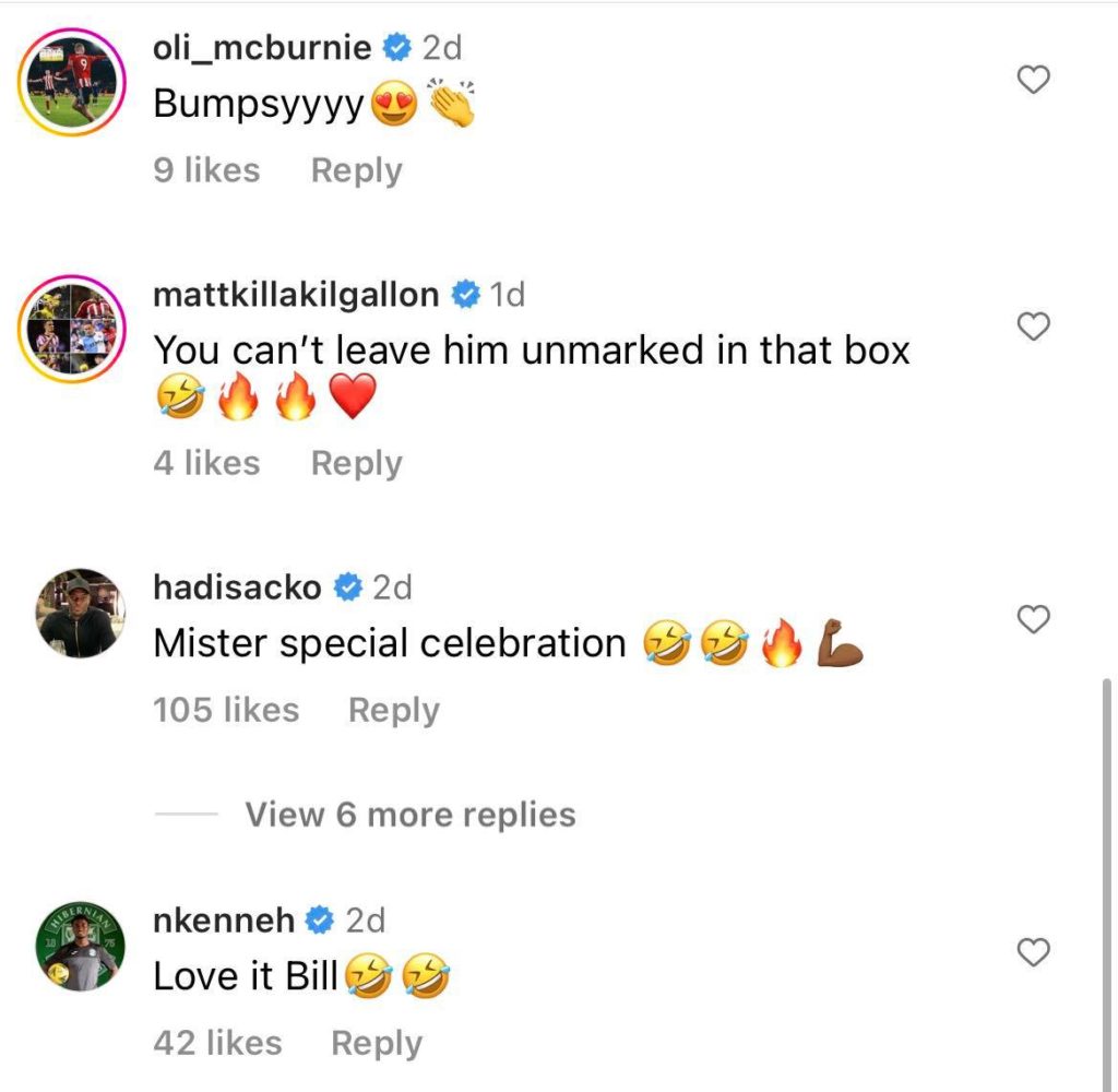 Screenshot of McBurnie, Kilgallon and Sacko comments on Ayling's Instagram post
