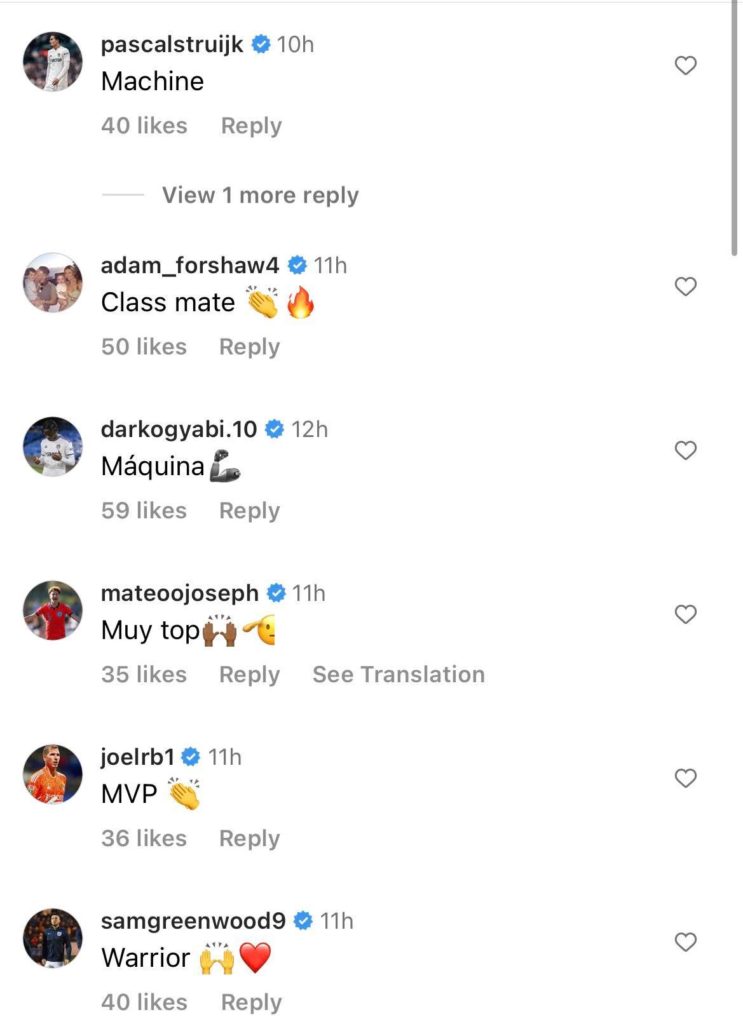 Screenshot of Forshaw and Struijk praising Roca on his Instagram post