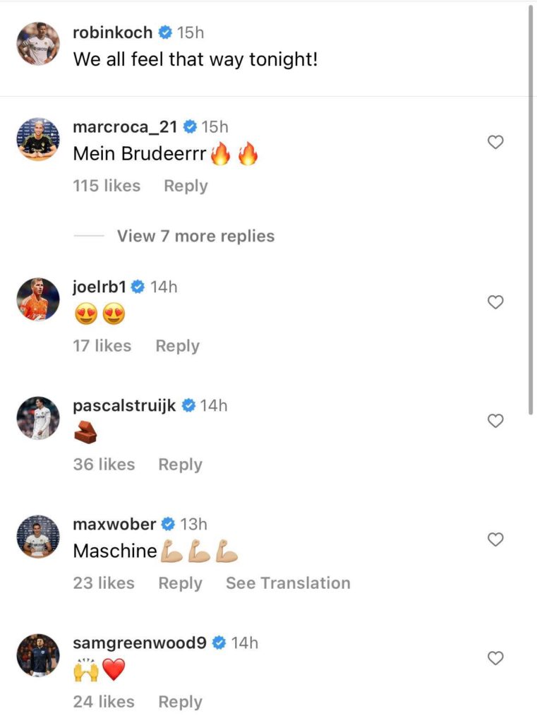 Screenshot of Wober and Leeds players praising Koch on his Instagram post