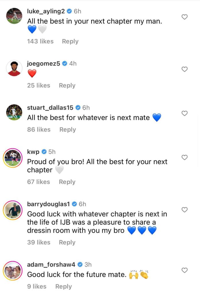 Screenshot of Leeds players including Ayling and Dallas respond to Brown's Instagram post