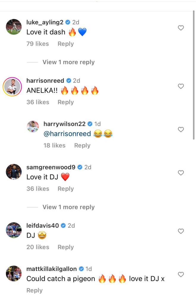 Screenshot of Ayling and Greenwood commenting on Dan James' Instagram after scoring for Fulham.