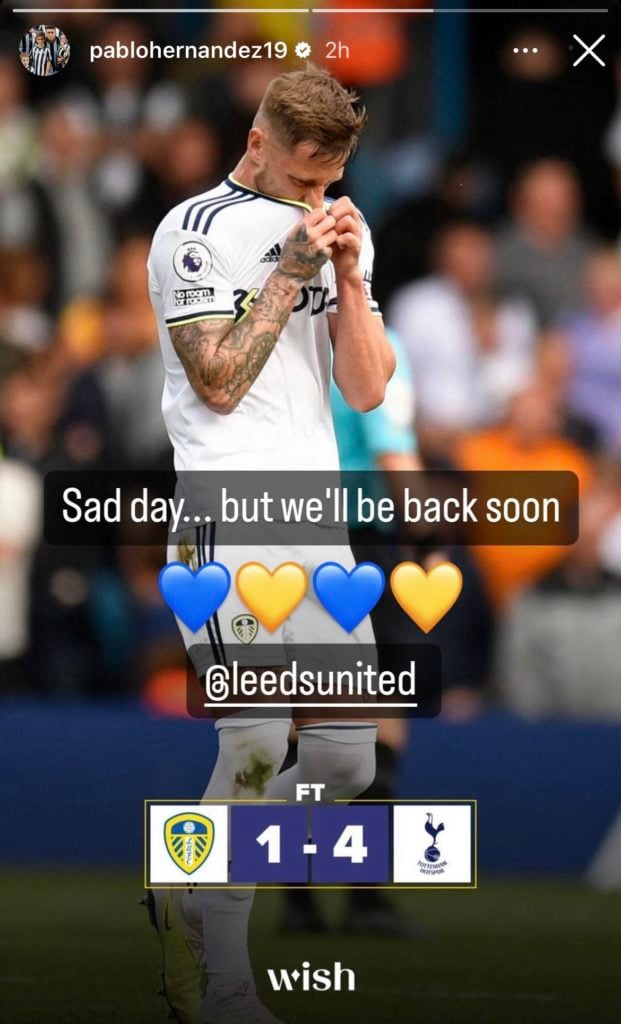 Screenshot of Hernandez posting on his Instagram story after watching Leeds suffer relegation