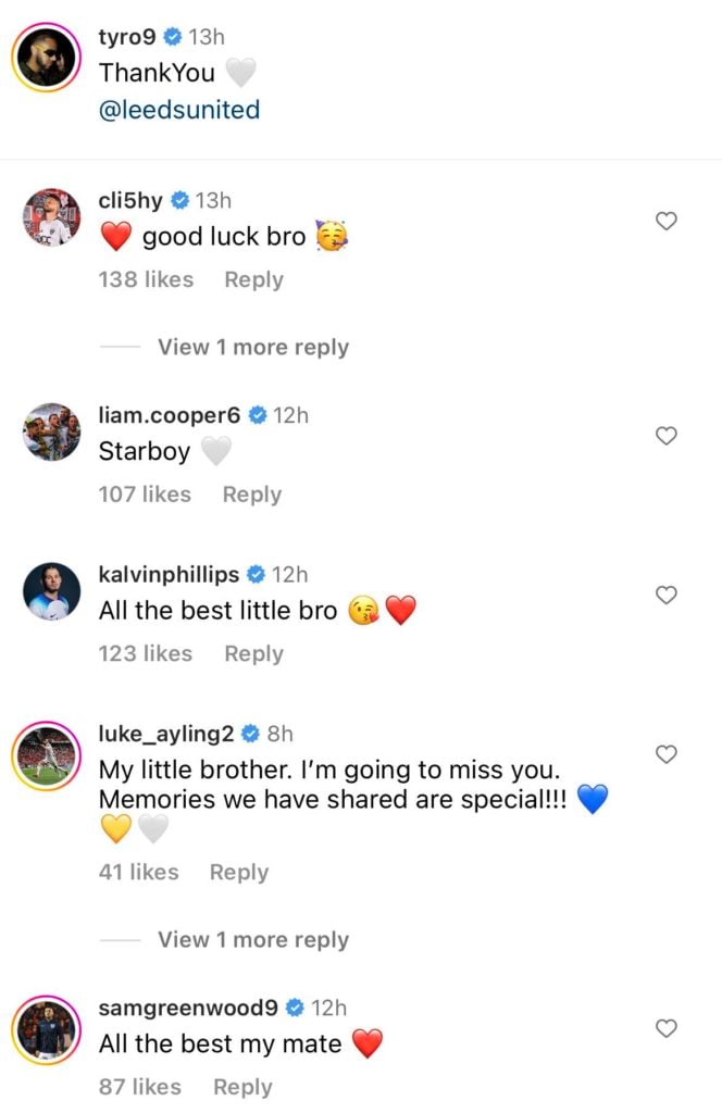 Screenshot of Leeds players, Klich and Phillips commenting on Roberts' Instagram after his move from Leeds to Birmingham City