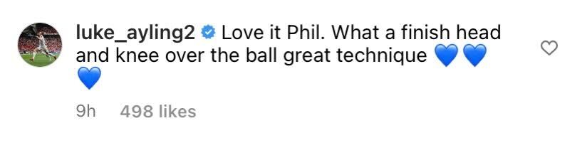 Screenshot of Ayling's comment on Kalvin Phillips' Instagram