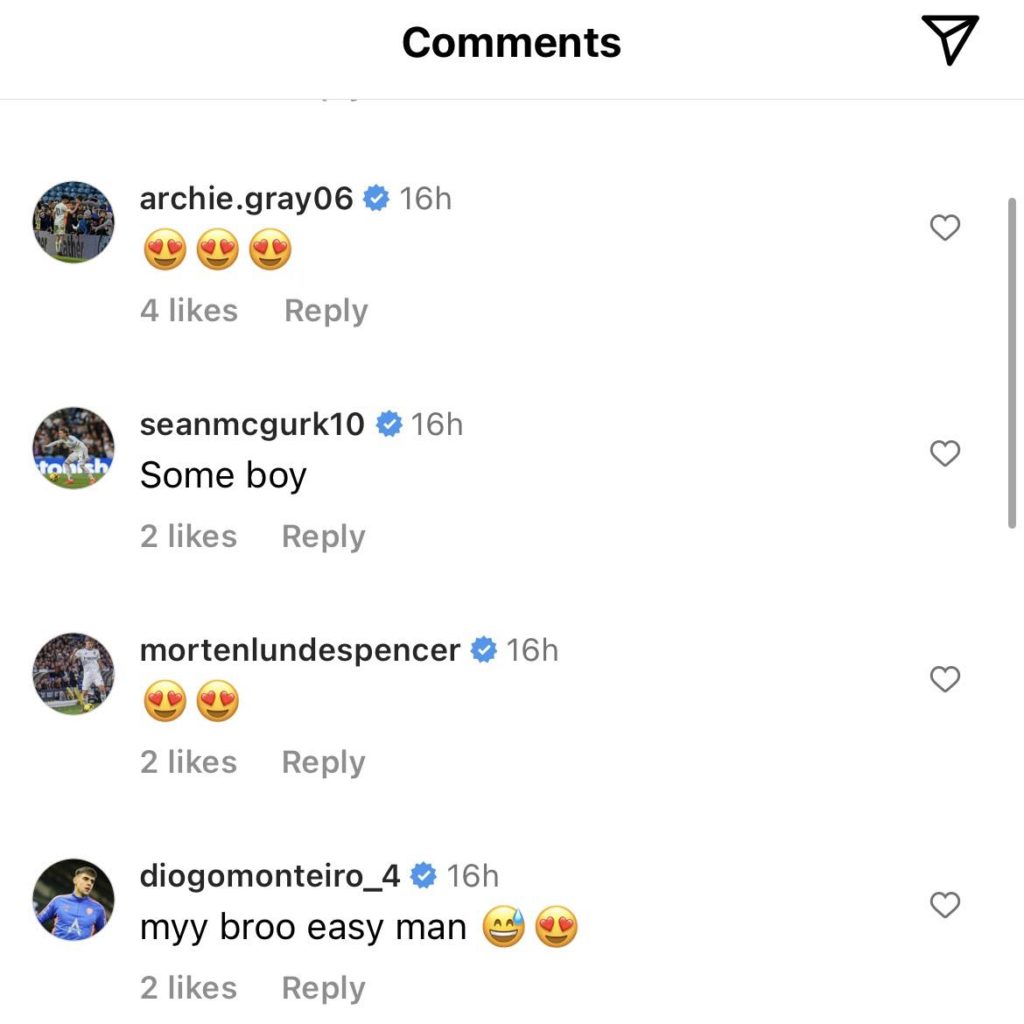 Screenshot of Gray and Monteiro reacting to Crew's Instagram post, after signing Leeds contract
