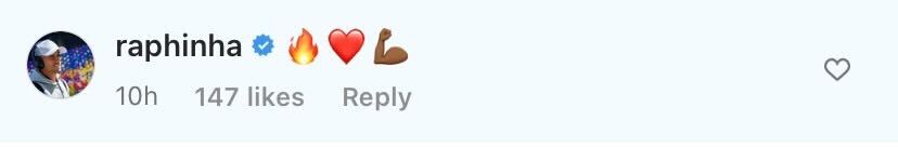 Screenshot of Raphinha's comment on Rodrigo's Instagram