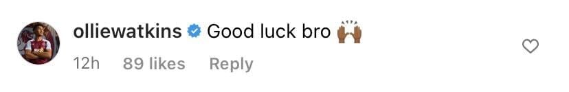 Screenshot of Watkins' comment on Ethan Ampadu's Instagram