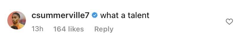 Screenshot of Summerville's comment on Archie Gray's Instagram