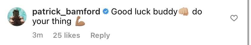 Screenshot of Bamford's comment on Jack Harrison's Instagram