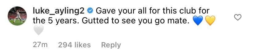 Screenshot of Ayling's comment on Jack Harrison's Instagram