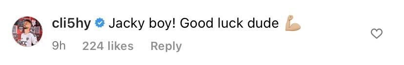 Screenshot of Klich's comment on Jack Harrison's Instagram