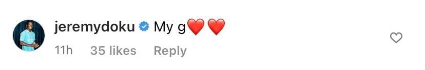 Screenshot of Doku's reply to Djed Spence's Instagram post