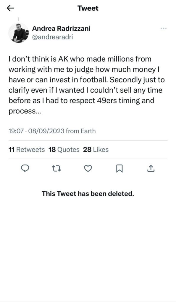Screenshot of Radrizzani's tweet from his now deleted Twitter account