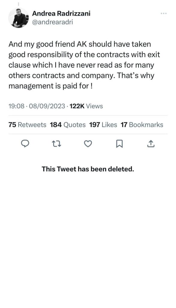 Screenshot of Radrizzani's tweet from his now deleted Twitter account