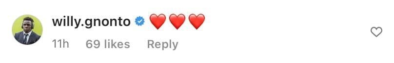 Screenshot of Willy Gnonto's comment on Stuart Dallas' Instagram