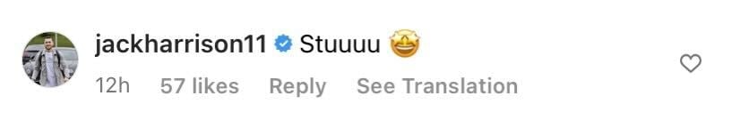 Screenshot of Jack Harrison's comment on Stuart Dallas' Instagram