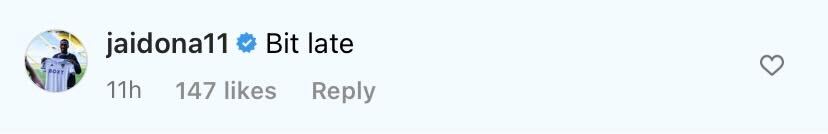 Screenshot of Jaidon Anthony's comment on Glen Kamara's Instagram