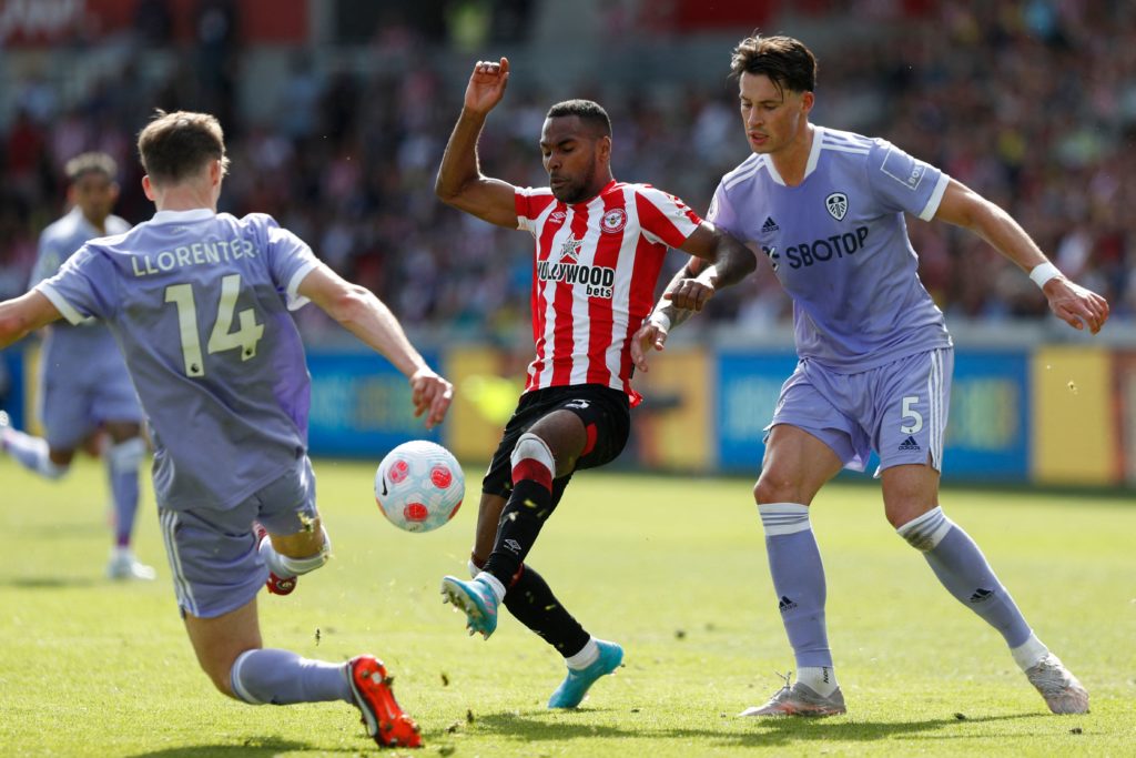 Rico Henry in action for Brentford against Leeds United at the end of 2021-22.