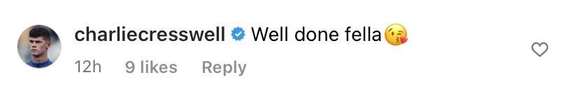 Screenshot of Charlie Cresswell's comment on Niall Huggins' Instagram