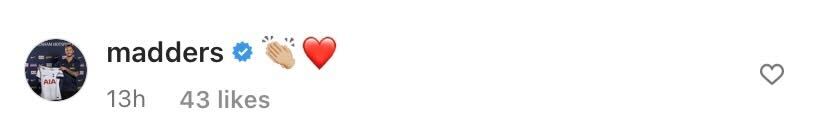 Screenshot of James Maddison's comment on Kalvin Phillips' Instagram