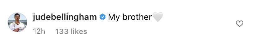 Screenshot of Jude Bellingham's comment on Kalvin Phillips' Instagram