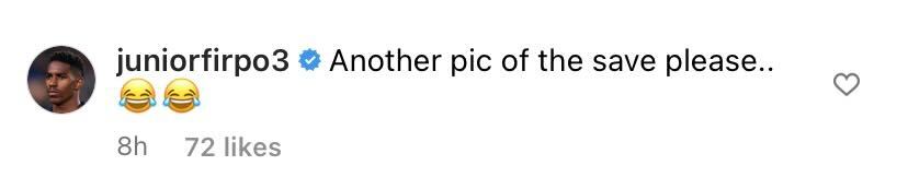 Screenshot of Junior Firpo's comment on Illan Meslier's Instagram