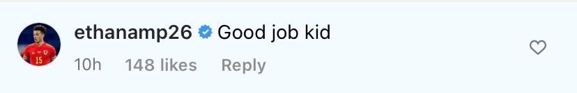 Screenshot of Ethan Ampadu's comment on Archie Gray's Instagram