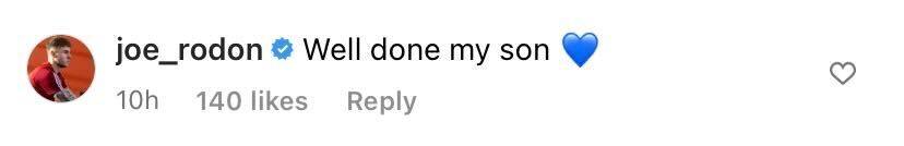 Screenshot of Joe Rodon's comment on Archie Gray's Instagram