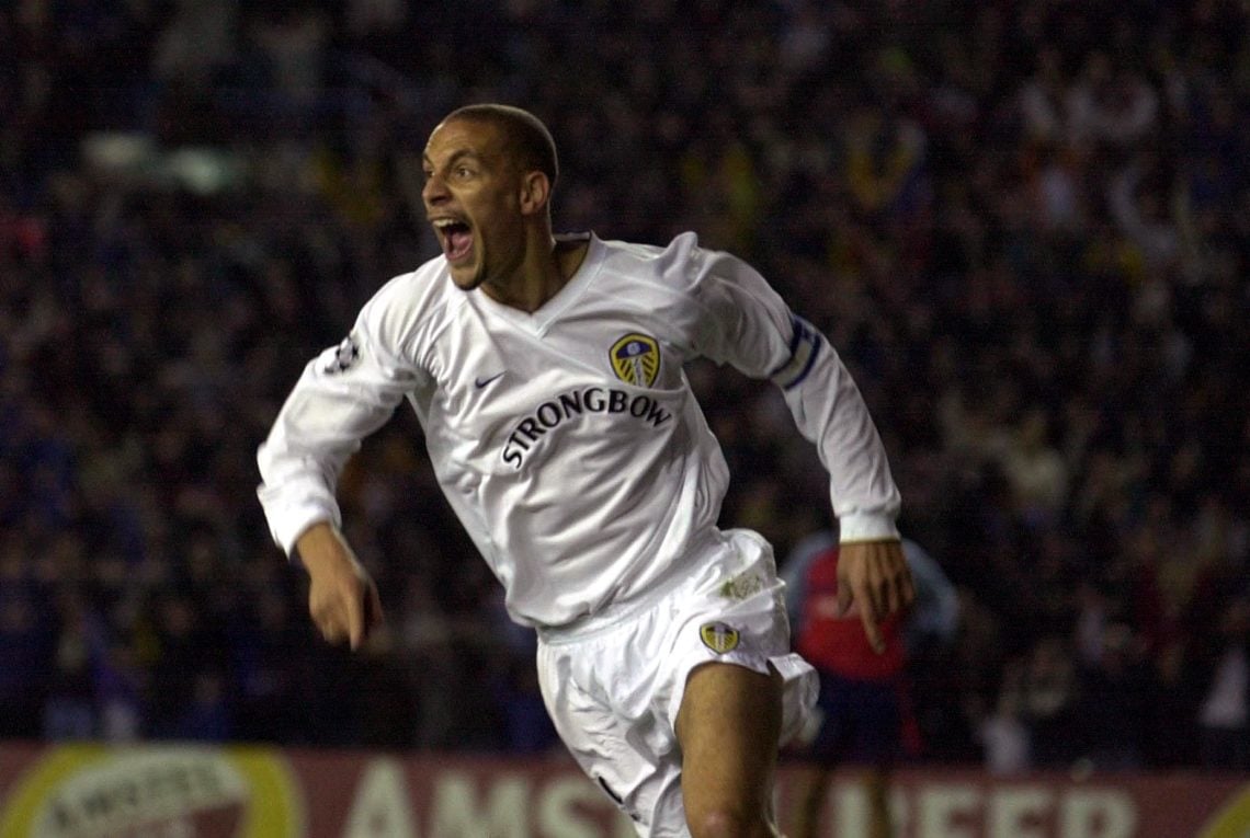 4 Apr 2001: Rio Ferdinand of Leeds celebrates scoring during the match between Leeds United and Deportivo La Coruna in the UEFA Champions League Qu...