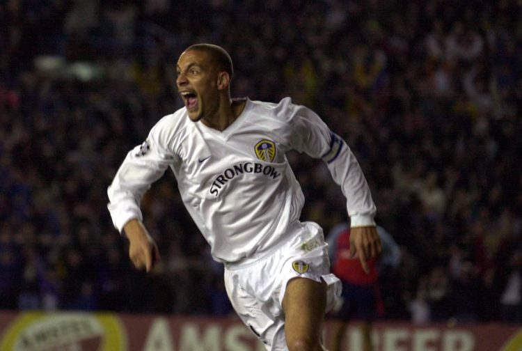 4 Apr 2001: Rio Ferdinand of Leeds celebrates scoring during the match between Leeds United and Deportivo La Coruna in the UEFA Champions League Qu...