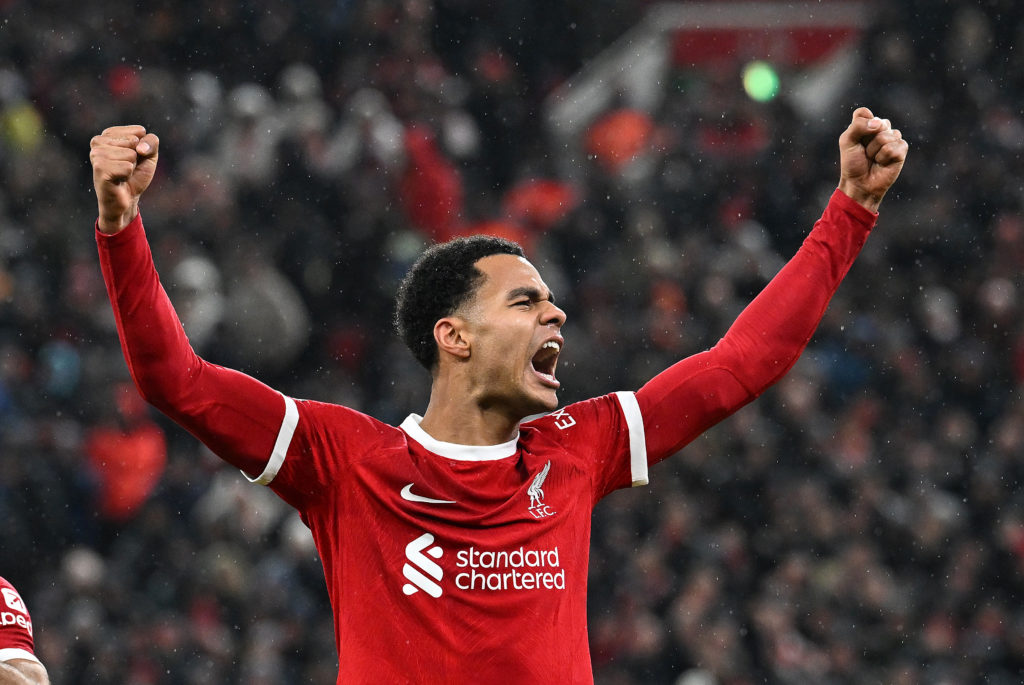 Cody Gakpo celebrates scoring for Liverpool against Newcastle.