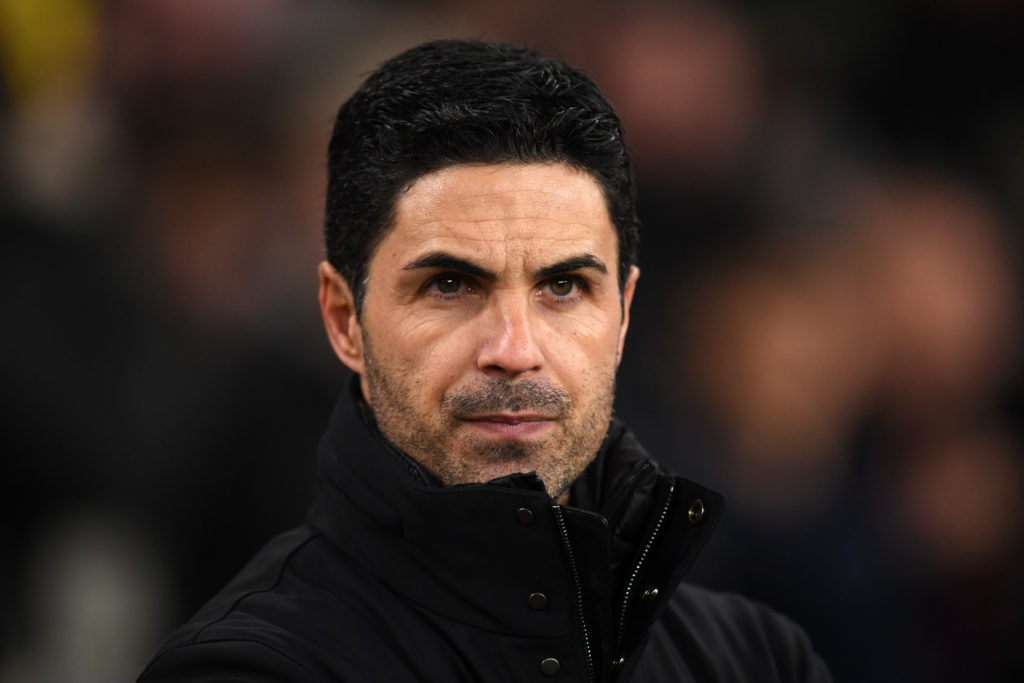 Arsenal manager Mikel Arteta looks during a game against Liverpool.