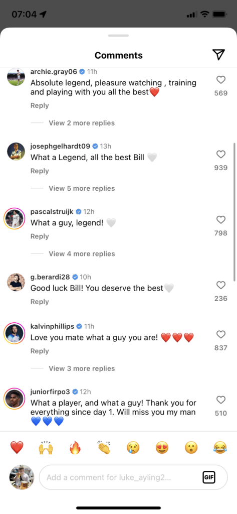 Screenshot of some of the comments under Luke Ayling's Instagram post, including from Kalvin Phillips