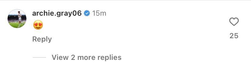 Screenshot of Archie Gray's comment on Connor Roberts' Instagram