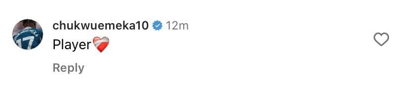 Screenshot of Carney Chukwuemeka's comment on Mateo Joseph's Instagram
