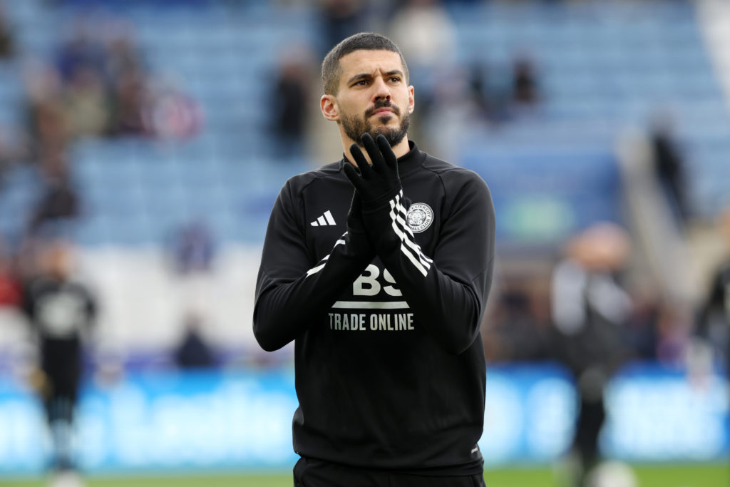 Conor Coady prepares for a Leicester match.
