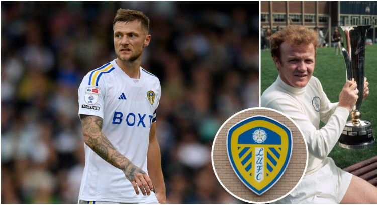 A compilation of images that shows the Leeds United badge surrounded by Liam Cooper and Billy Bremner