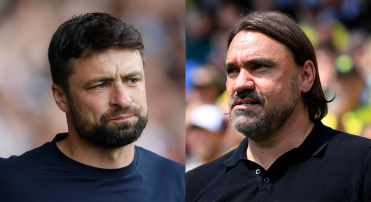 A composition of images featuring Southampton manager Russell Martin and Leeds boss Daniel Farke