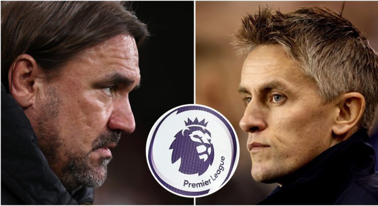 A composition of images including Leeds manager Daniel Farke looking on, Ipswich manager Kieran McKenna and the Premier League logo