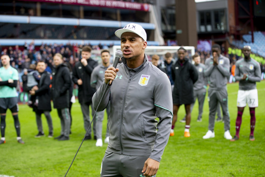 Gabby Agbonlahor addresses the Aston Villa crowd.