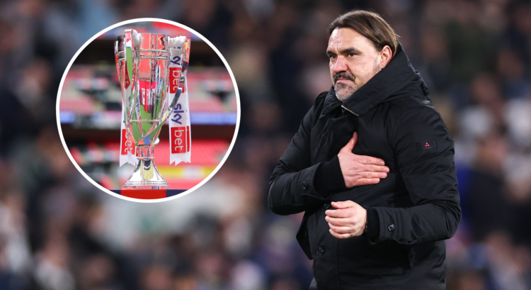 An image showing Leeds United boss Daniel Farke and the Championship play-offs trophy