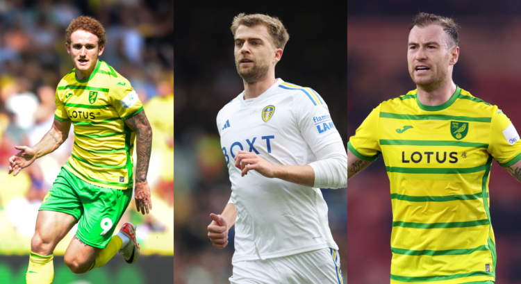 A composition of images featuring Norwich City duo Josh Sargent and Ashley Barnes alongside Leeds United striker Patrick Bamford