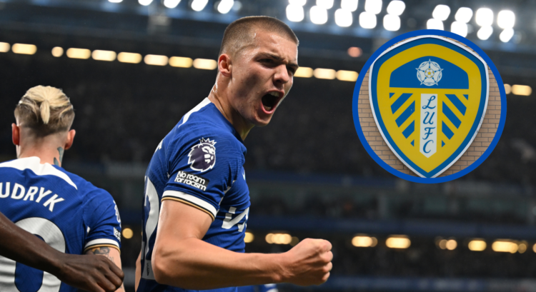 Chelsea star Alfie Gilchrist next to an image of the Leeds United crest.