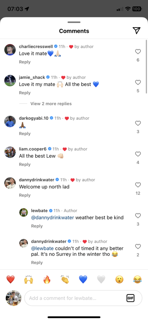 Screenshot of Charlie Cresswell and Liam Cooper's comments under Lewis Bate's Instagram post